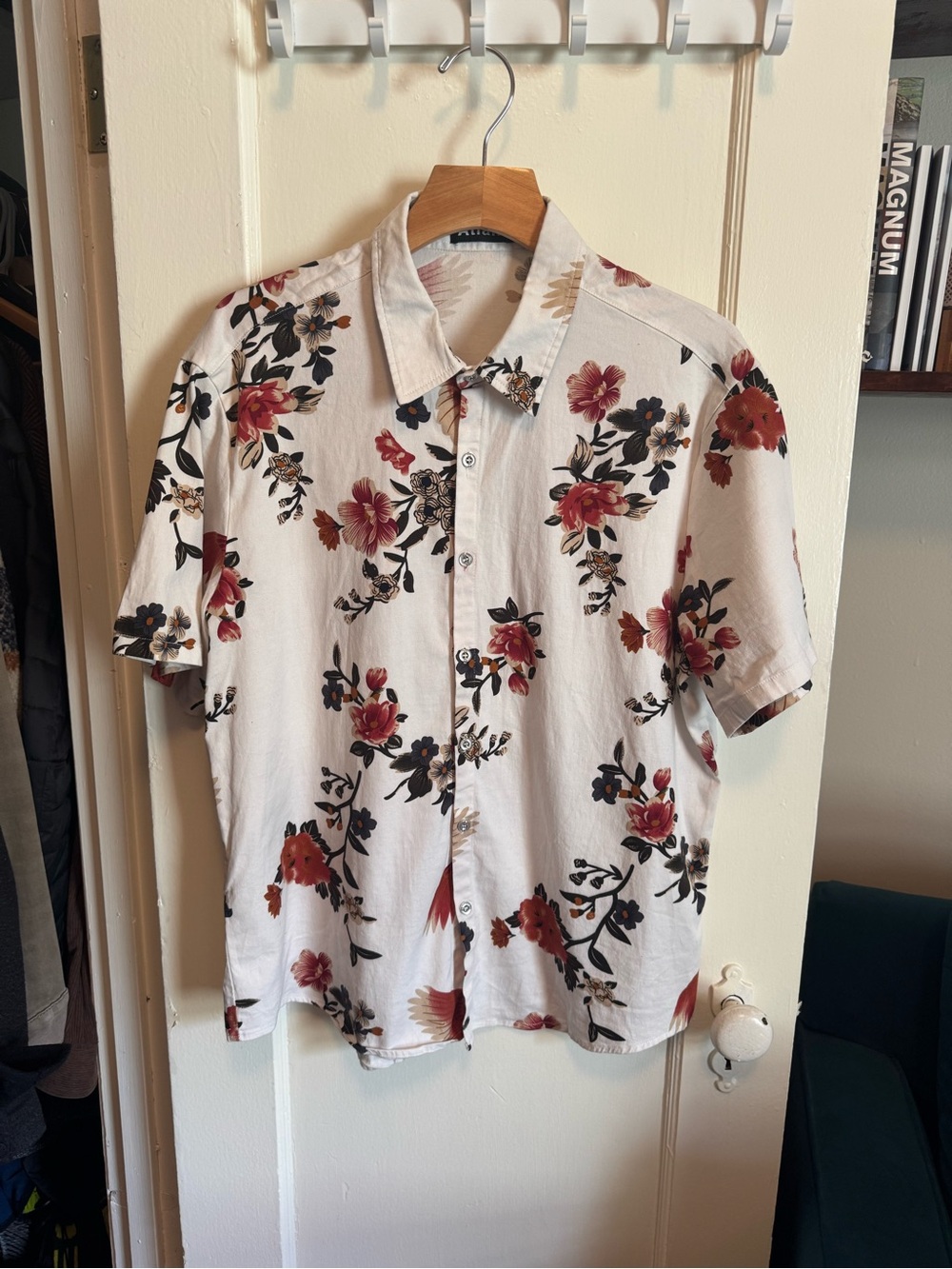 Short-Sleeve Floral Button-Down Shirt - White with Red & Black Floral